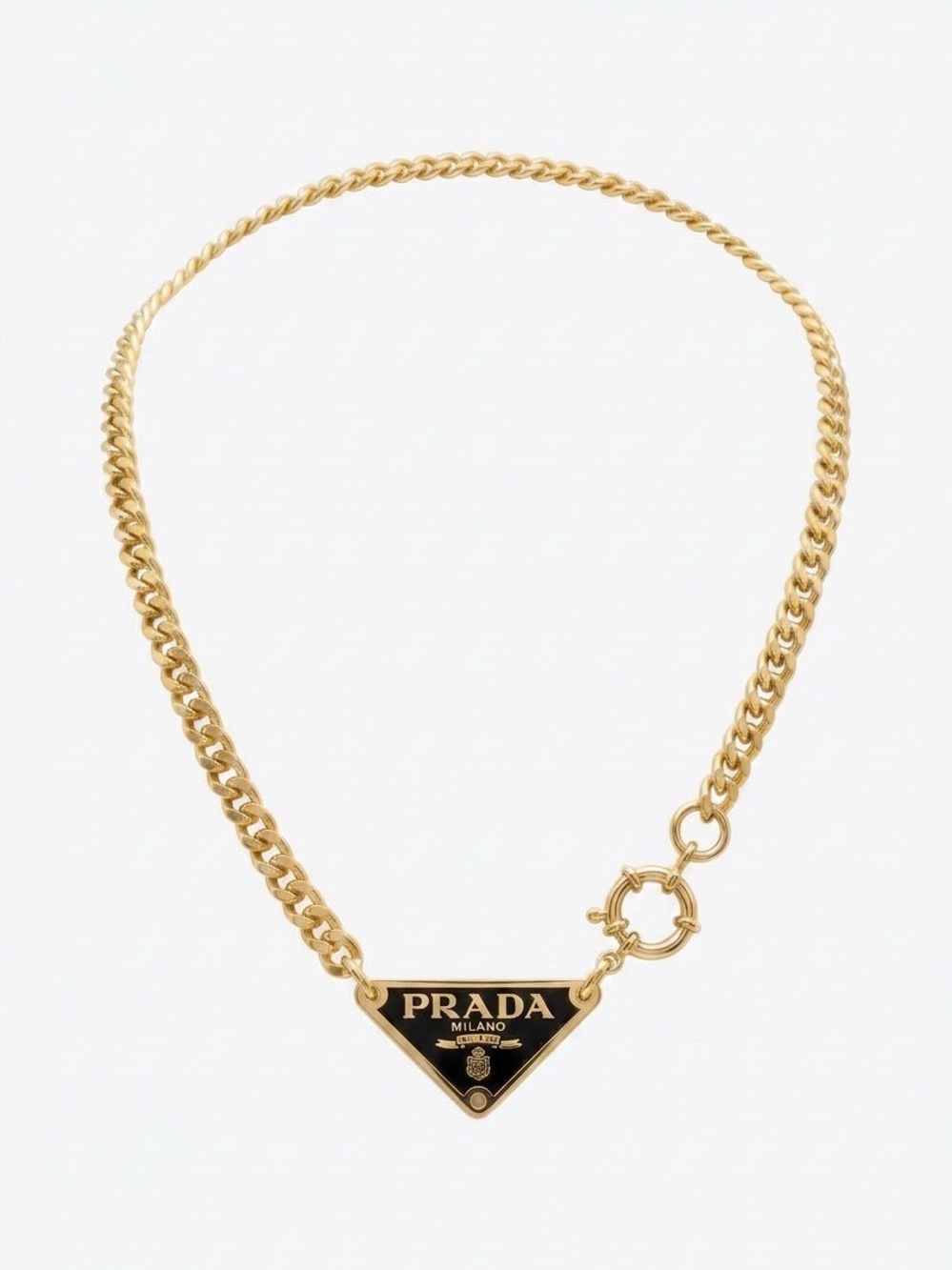 Prada Gold-Tone unisex Chain Necklace with Black Triangle Logo Pendant